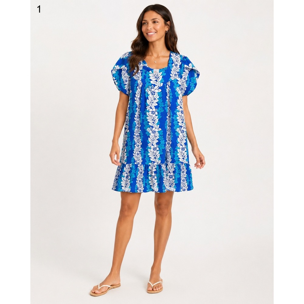 Kalena Fashion of Hawaii MuuMuu House Dress Womens XL Blue White Floral Vintage